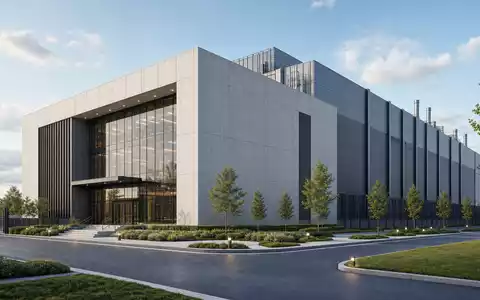 Oracle Corporation US68389X1054 illustriert durch präzises Architektur-Rendering eines modernen Rechenzentrumsgebäudes mit Glasfassade und Grünflächen - Foto: THN