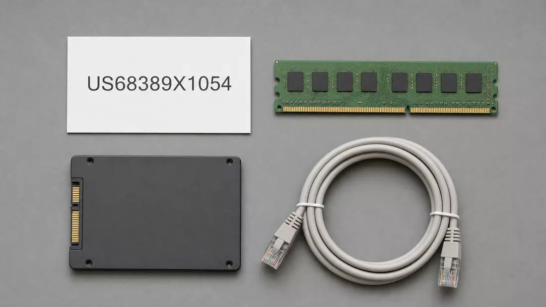 Flatlay mit ISIN-Karte, RAM-Modul, SSD-Festplatte und aufgerolltem Netzwerkkabel