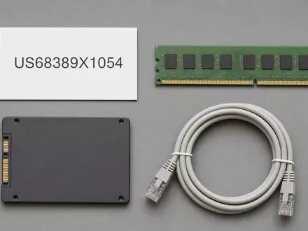 Oracle Corporation US68389X1054 präsentiert als übersichtliches Flatlay mit ISIN-Karte, Arbeitsspeicher-Modul, SSD-Festplatte und aufgerolltem Netzwerkkabel - Foto: THN
