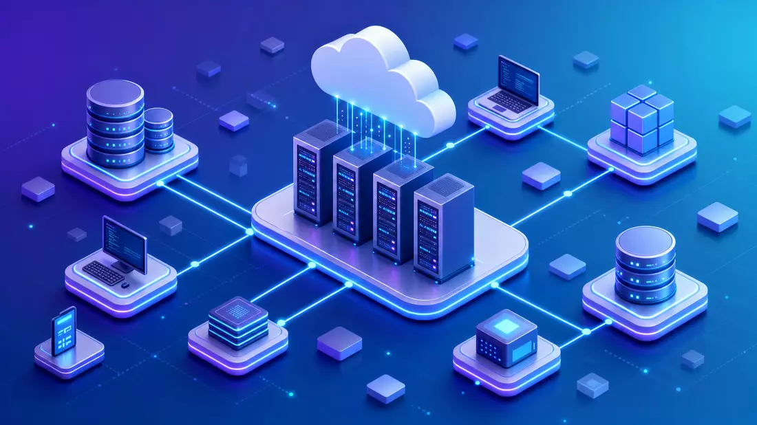 Isometrische 3D-Illustration einer Cloud-Computing-Architektur mit Servern und Datenbanken
