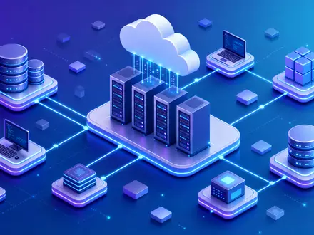 Oracle Corporation US68389X1054 dargestellt als isometrische 3D-Illustration einer vernetzten Cloud-Computing-Architektur mit Servern, Datenbanken und Endgeräten - Foto: THN