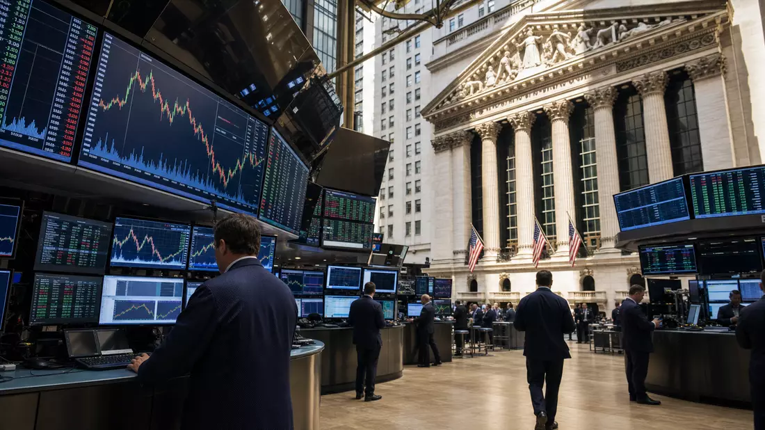 Editorialfoto der New York Stock Exchange mit Börsenkursanzeigen und Säulenfassade