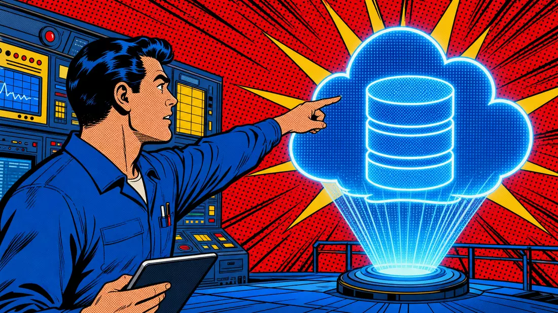 Pop-Art-Comicillustration eines Technikers vor einem leuchtenden Cloud-Datenbank-Hologramm