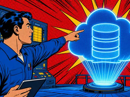 Oracle Corporation US68389X1054 interpretiert als lebendiger Pop-Art-Comic mit einem Techniker und einem leuchtenden holographischen Cloud-Datenbanksymbol - Foto: THN