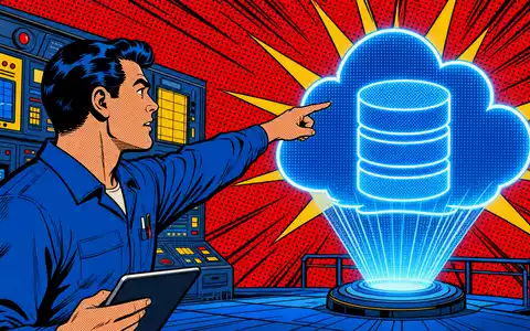 Oracle Corporation US68389X1054 interpretiert als lebendiger Pop-Art-Comic mit einem Techniker und einem leuchtenden holographischen Cloud-Datenbanksymbol - Foto: THN