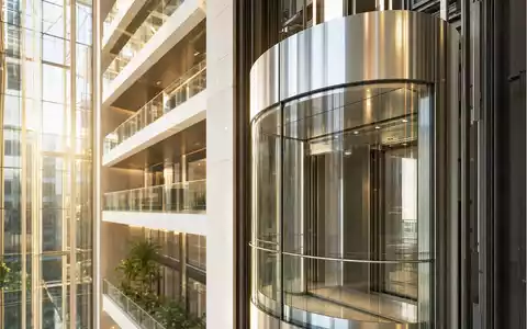 Otis Worldwide Corp. (US68902V1070): moderner Glasaufzug im lichtdurchfluteten Hochhaus-Atrium, realistische hochwertige Architekturfotografie eines Wolkenkratzers - Foto: THN