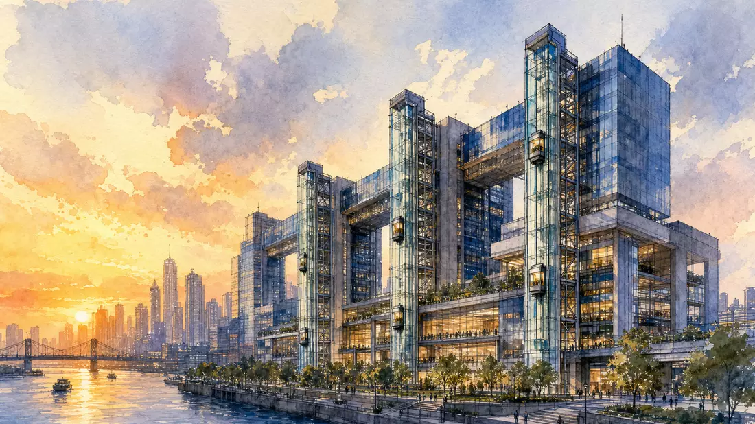 Aquarellbild eines Hochhauskomplexes mit gläsernen Aufzugsschächten bei Sonnenuntergang