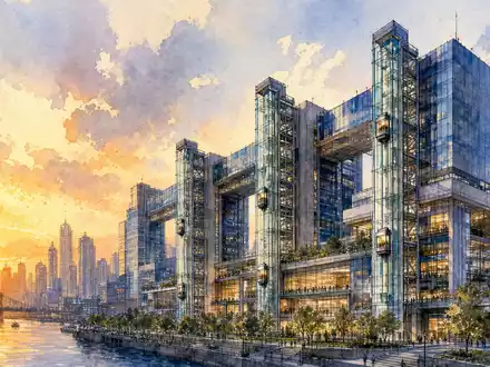 Otis Worldwide Corp. (US68902V1070): Aquarellmalerei eines Hochhauskomplexes mit sichtbaren Aufzugsanlagen bei Sonnenuntergang - Foto: THN