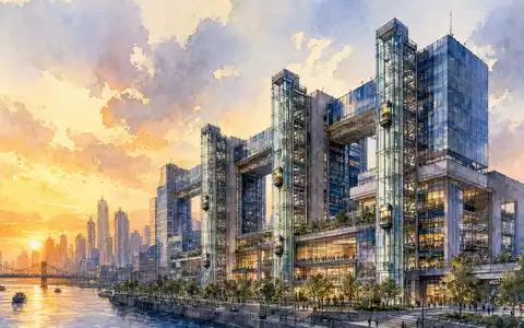 Otis Worldwide Corp. (US68902V1070): Aquarellmalerei eines Hochhauskomplexes mit sichtbaren Aufzugsanlagen bei Sonnenuntergang - Foto: THN