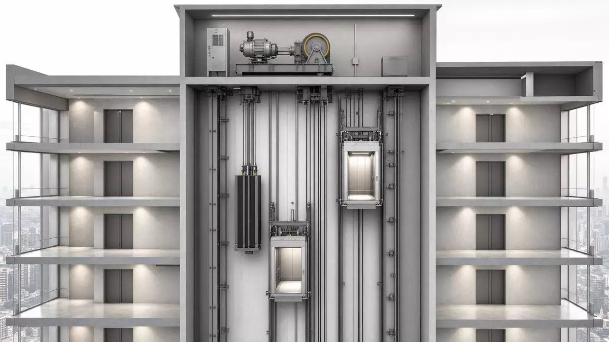 Architektonisches Schnittbild eines Aufzugsschachts mit Technik und Kabinen