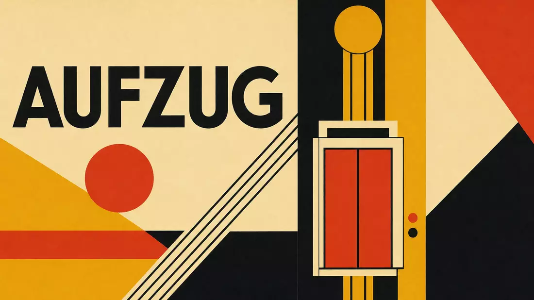 Bauhaus-Poster mit geometrischen Formen und dem Wort AUFZUG in moderner Typografie