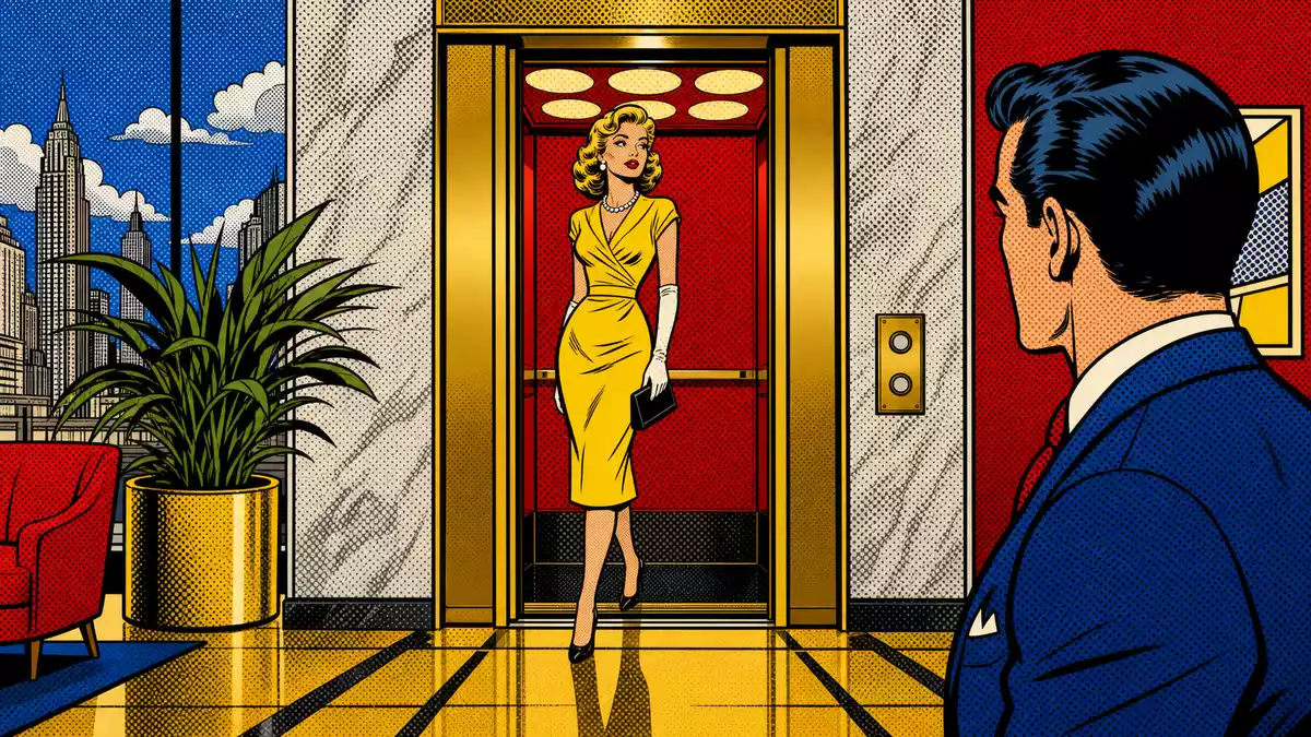 Pop-Art-Comic-Illustration mit öffnender Aufzugtür in bunter Retro-Lobby