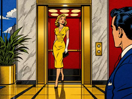 Otis Worldwide Corp. (US68902V1070): Pop-Art-Comic-Illustration einer öffnenden Aufzugtür in bunter retro Hochhauslobby-Szene - Foto: THN