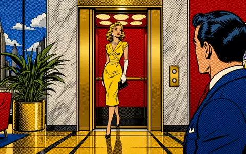Otis Worldwide Corp. (US68902V1070): Pop-Art-Comic-Illustration einer öffnenden Aufzugtür in bunter retro Hochhauslobby-Szene - Foto: THN