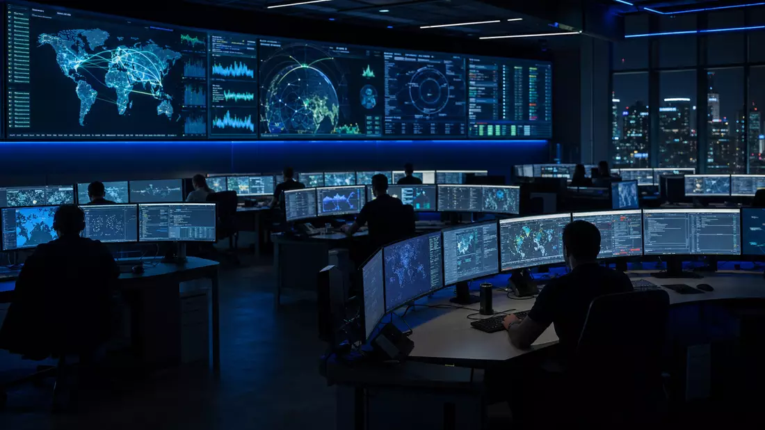 Dunkles Security Operations Center mit vielen Monitoren und Netzwerkkarten in Blau