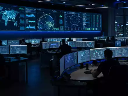 Palo Alto Networks US6974351057 zeigt dunkles Security Operations Center mit vielen Bildschirmen und Netzwerkdaten - Foto: THN