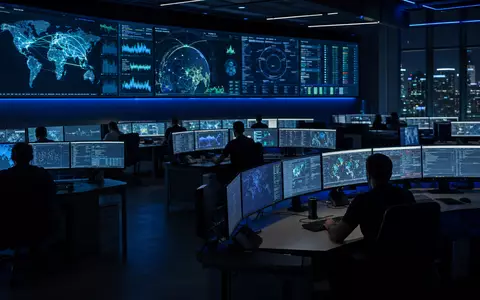 Palo Alto Networks US6974351057 zeigt dunkles Security Operations Center mit vielen Bildschirmen und Netzwerkdaten - Foto: THN