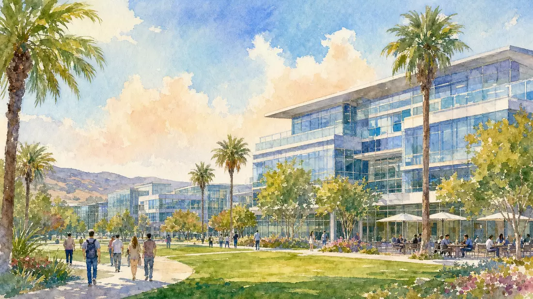 Aquarellillustration eines Tech-Campus mit Glasgebäuden und Palmen in Kalifornien