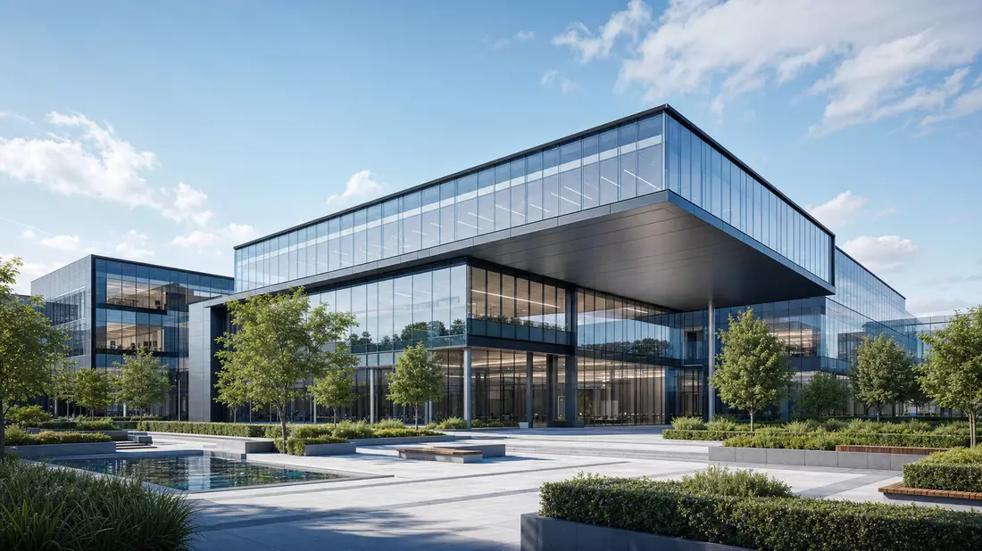 Architektonisches Render eines modernen gläsernen Firmensitzes mit Grünflächen
