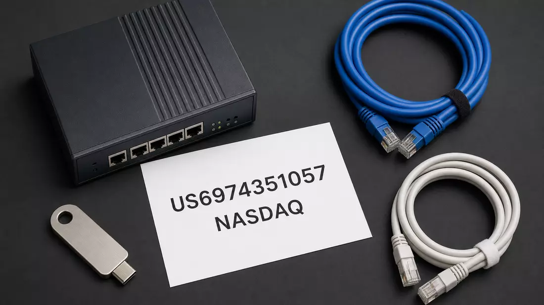 Flatlay mit ISIN-Karte, kleiner Firewall, Netzwerkkabeln und Sicherheitsschlüssel
