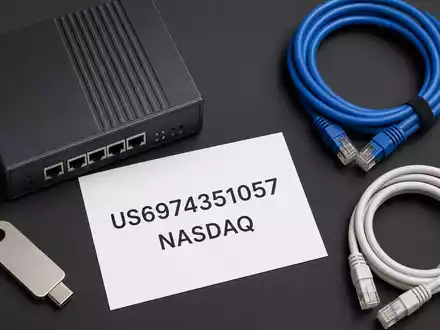 Palo Alto Networks US6974351057 als Flatlay mit ISIN-Karte, Firewall-Miniatur, Netzwerkkabeln und Sicherheitsschlüssel arrangiert - Foto: THN