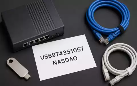 Palo Alto Networks US6974351057 als Flatlay mit ISIN-Karte, Firewall-Miniatur, Netzwerkkabeln und Sicherheitsschlüssel arrangiert - Foto: THN