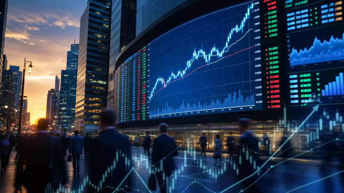 Editorialfoto einer beleuchteten Börsentafel mit Aktiencharts und NASDAQ-Schriftzug