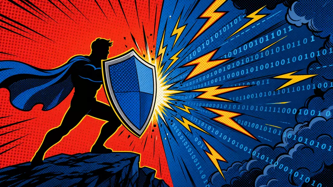 Pop-Art-Comic-Illustration eines Schildes, das Blitze und Binärcode abwehrt