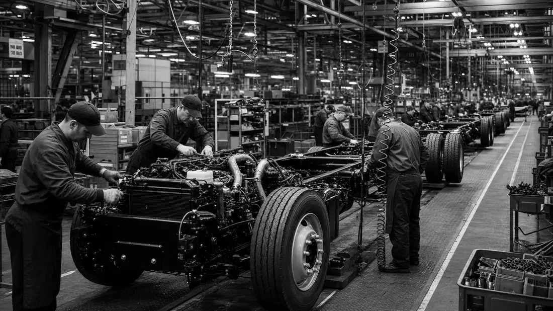 Schwarz-weiße Reportage von Arbeitern an einer LKW-Montagelinie in der Fabrik