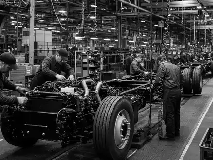 PACCAR Inc. US6937181088 dokumentiert Schwarz-Weiß-Reportage einer LKW-Endmontage mit Arbeitern in großer Fabrikhalle - Foto: THN