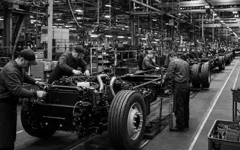 PACCAR Inc. US6937181088 dokumentiert Schwarz-Weiß-Reportage einer LKW-Endmontage mit Arbeitern in großer Fabrikhalle - Foto: THN