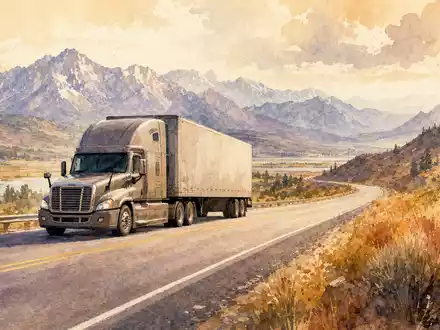 PACCAR Inc. US6937181088 dargestellt als Aquarellgemälde eines LKW auf malerischem US-Highway vor Bergpanorama - Foto: THN