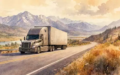 PACCAR Inc. US6937181088 dargestellt als Aquarellgemälde eines LKW auf malerischem US-Highway vor Bergpanorama - Foto: THN