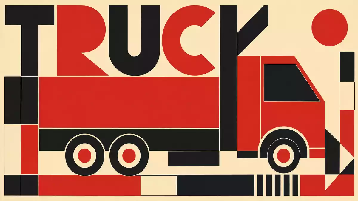 Bauhaus-Poster mit geometrischem LKW-Symbol und Schriftzug TRUCK in Rot-Schwarz