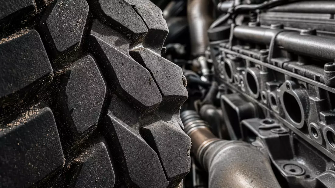 Makroaufnahme eines LKW-Reifenprofils neben einem detaillierten Dieselmotorblock