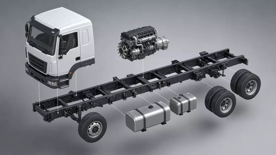 Isometrische 3D-Explosion eines LKW mit Kabine, Chassis, Motor und Rädern