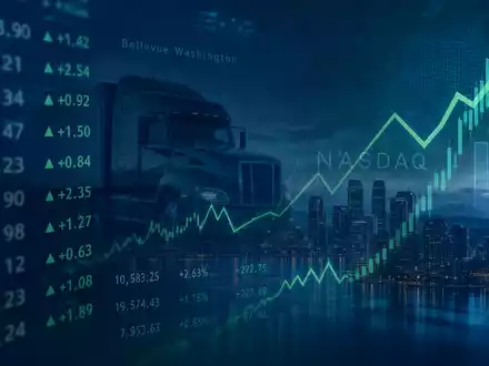PACCAR Inc. US6937181088 visualisiert als Börsen-Editorial mit NASDAQ-Kurschart und Silhouette eines LKW - Foto: THN