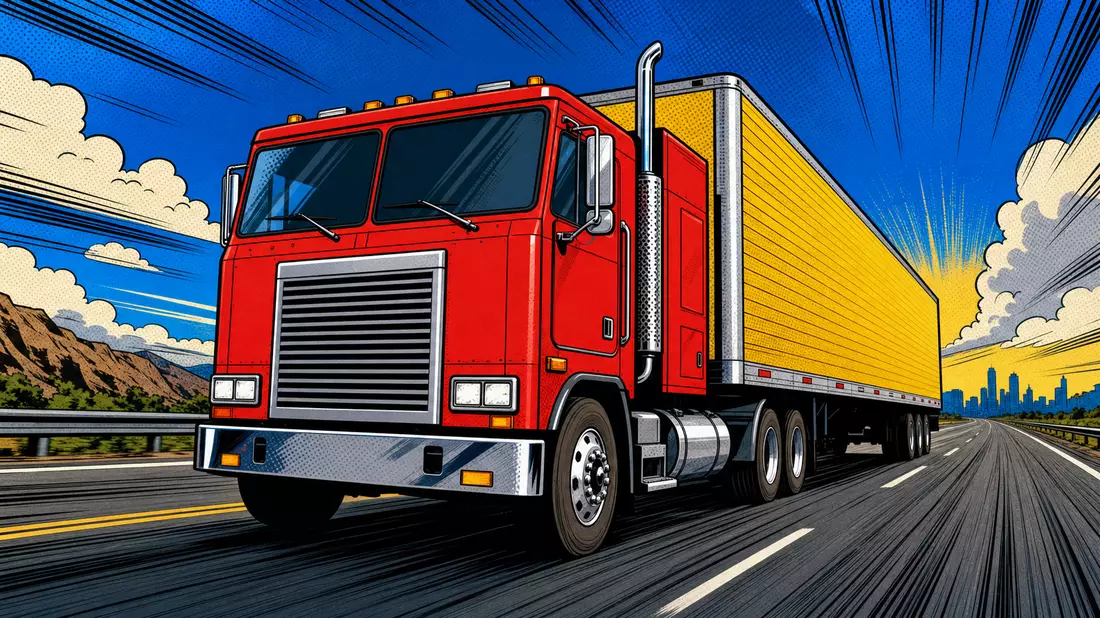 Pop-Art-Comic eines roten LKW mit Halbtonpunkten und dynamischen Actionlinien