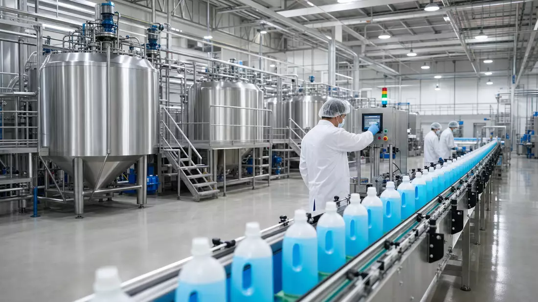 Fotorealistisches Reinigungsmittel-Produktionswerk mit Edelstahltanks und Förderband