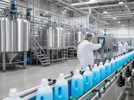 Clorox Co. Produktionslinie US1890541097 mit Abfüllanlage, Edelstahltanks und Reinigungsmittelflaschen auf modernem Industrieförderband - Foto: THN