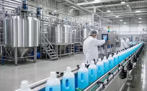 Clorox Co. Produktionslinie US1890541097 mit Abfüllanlage, Edelstahltanks und Reinigungsmittelflaschen auf modernem Industrieförderband - Foto: THN
