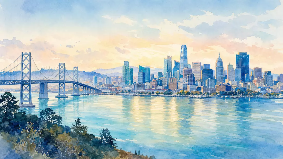 Aquarell-Panorama der Oakland-Skyline mit Bay Bridge im Morgenlicht
