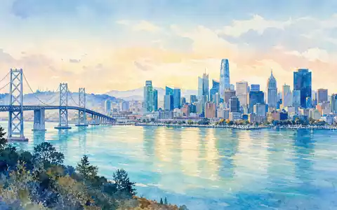Clorox Co. Unternehmensstandort Oakland US1890541097 als stimmungsvolles Aquarell mit Bay Bridge und Hafenpanorama - Foto: THN
