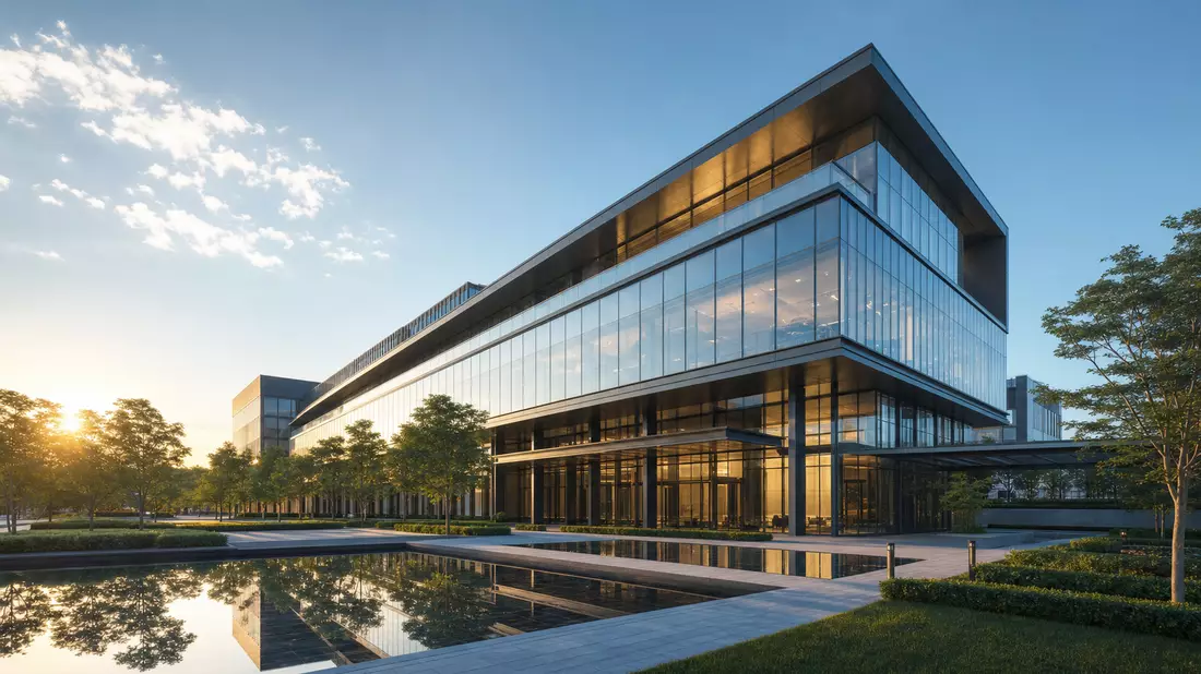 Architektur-Rendering eines modernen Glas-Stahl-Unternehmensgebäudes mit Spiegelteich