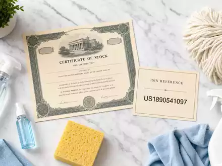 Clorox Co. Aktien-Flatlay US1890541097 mit Börsenzertifikat, ISIN-Karte und branchentypischen Reinigungsutensilien auf Marmor - Foto: THN