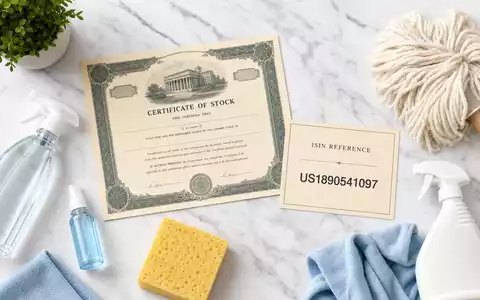 Clorox Co. Aktien-Flatlay US1890541097 mit Börsenzertifikat, ISIN-Karte und branchentypischen Reinigungsutensilien auf Marmor - Foto: THN