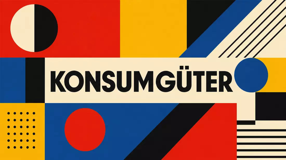 Bauhaus-Poster mit geometrischen Primärfarben und KONSUMGÜTER-Typografie