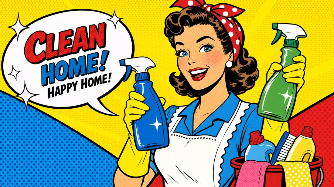 Pop-Art-Comic im Roy-Lichtenstein-Stil mit Hausfrau und bunten Reinigungssprühflaschen