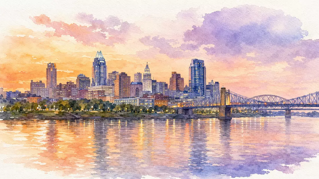 Aquarell der Cincinnati-Skyline am Ohio River bei Abenddämmerung mit Brücken