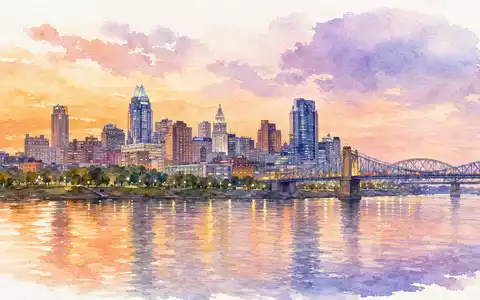 Cincinnati Financial US1720621011 Aquarellansicht der Cincinnati-Skyline am Ohio River bei Sonnenuntergang in Pastellfarben - Foto: THN